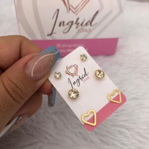 Trio De Brinco Semijoia Pedrinhas E Coração