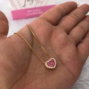 Colar Semijoia Coração Cravejado Rosa